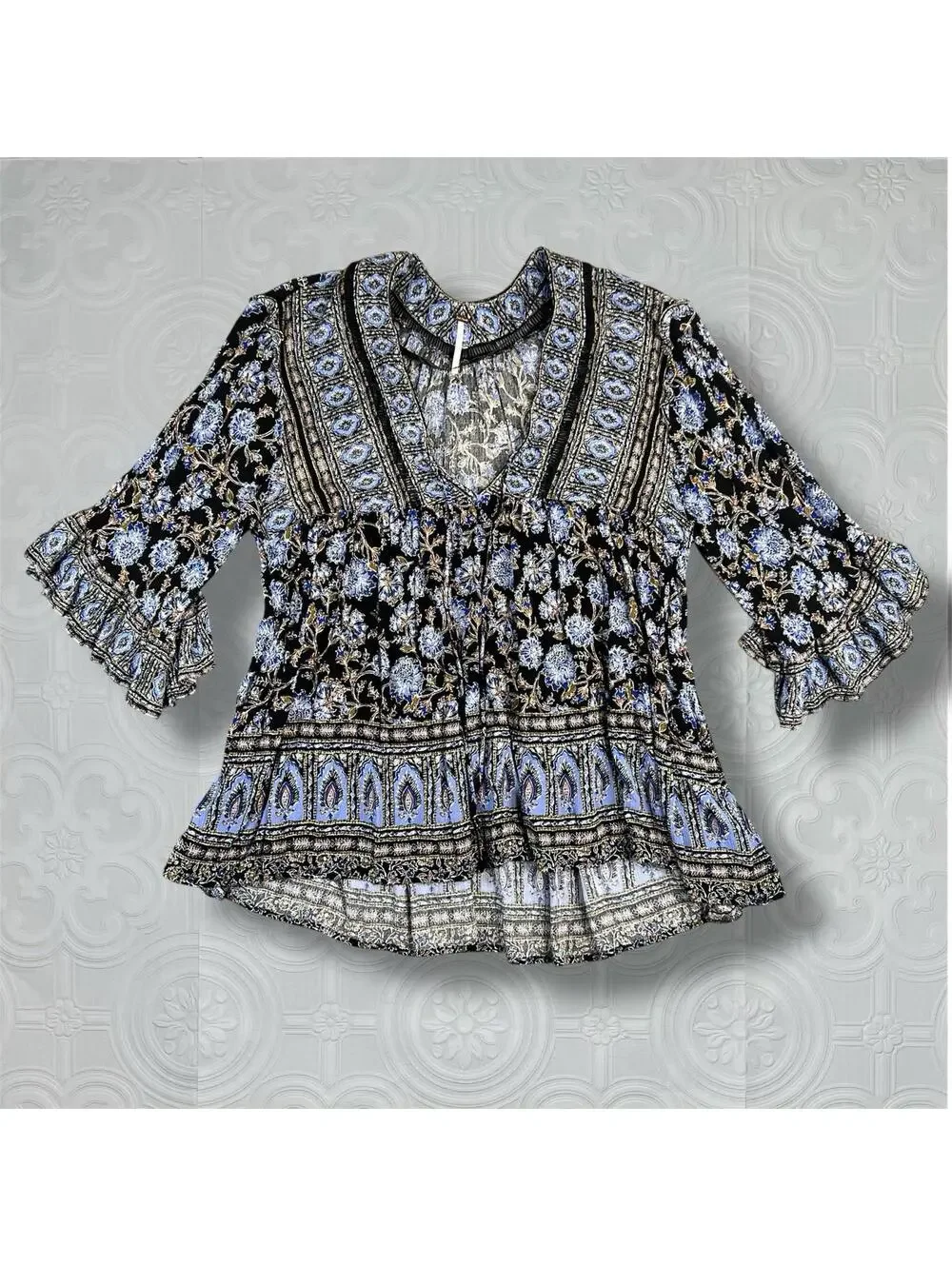 Free People Moonlight Blue Tunic Mini Dress with Ruffle Sleeves